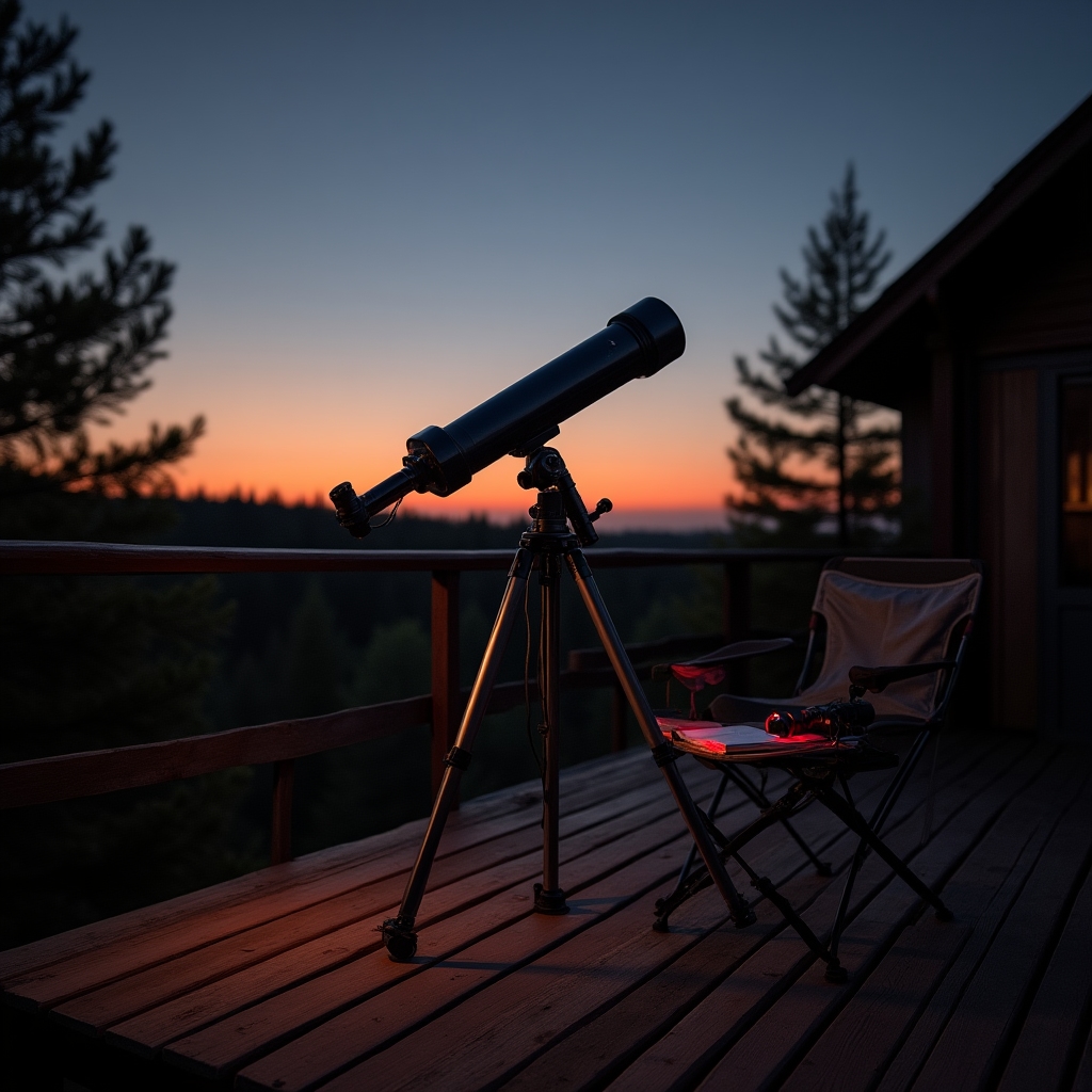Telescop reflector de amator montat pe trepied în exterior, seară cu cer parțial noros