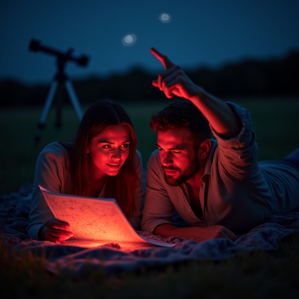 Persoană studiind o hartă a constelațiilor la lumina lanternei roșii