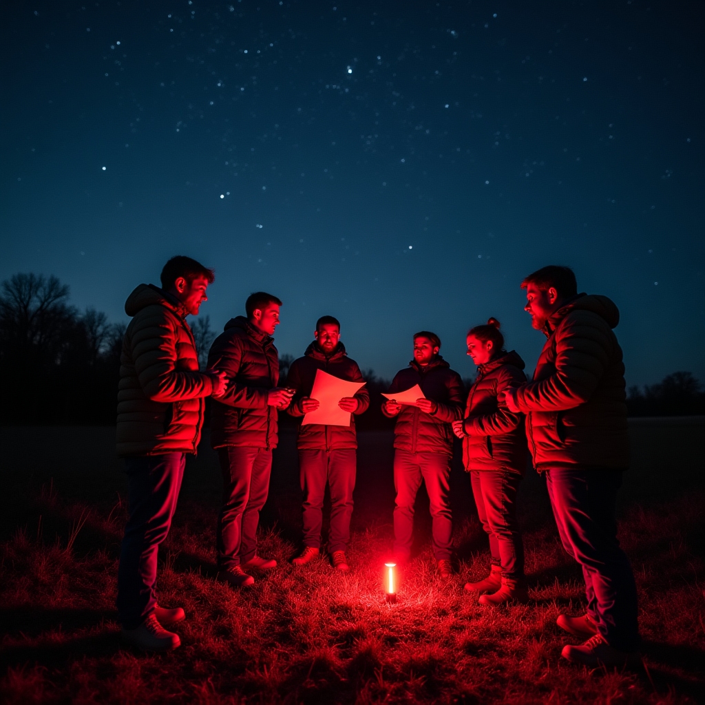 Grup de observatori amatori în câmp deschis, cu lanterne roșii și telescoape