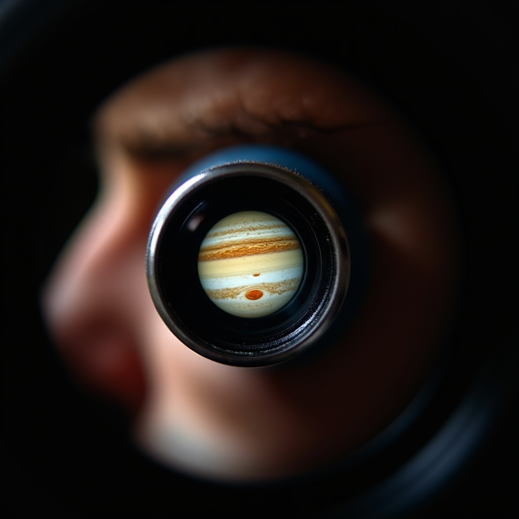 Jupiter văzut prin ocularul unui telescop de amator, cu benzi de nori vizibile